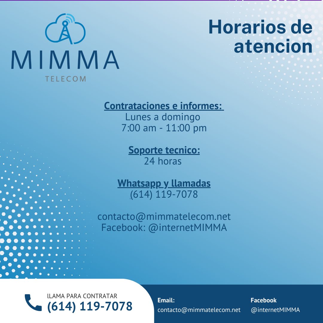 Horario: Contrataciones Lun–Dom 7am–11pm. Soporte técnico 24 horas.