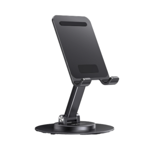 Soporte para Teléfono Celular Giratorio | 360° de Rotación | Angulo Ajustable | Altura Ajustable 17-20cm | Antideslizante | Ejes Giratorios de Alta Precisión| Plegable | Aluminio | Color Gris
