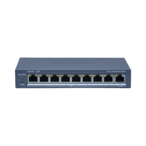 Switch PoE+ / Monitoreable / 8 Puertos 10/100 Mbps PoE+ / 1 Puerto 1000 Mbps Uplink / Configuración Nube Hik-Partner Pro / Modo Extendido hasta 300 metros / 60 W