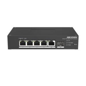 Switch PoE+ Industrial de Escritorio / Administrable / 4 Puertos 10/100 Mbps PoE+ / 1 Puerto 1000 Mbps Uplink / 1 Puertos SFP / Configuración Nube Hik-PartnerPro / Modo Extendido hasta 300 Metros / 60 Watts