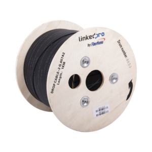 Carrete de 1 km de Fibra ?ptica Drop, Interior/Exterior G.657A2 Monomodo de 2 Hilos (Bifibra), Dise?ada para Fusionarse, Diel?ctrica, Forro Negro, (No Soporta Conectores Mec?nicos)