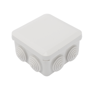 Caja Estanca, Derivación, Conexión de Plástico (89 X 89 X 50 mm) con 7 Glándulas de Goma. Para Instalaciones Comerciales, Residenciales e Industriales. Cerrado a Presión.