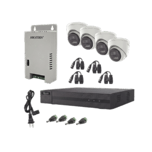 Kit HiLook Audio Bidireccional TurboHD 1080p / DVR Metalico 4 Canales / 4 Cámaras Eyeball (Exterior) con Bocina y Microfóno Integrado / 1 Fuente de Poder / Accesorios