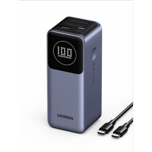 Power Bank de 12000mAh | 2 Salidas 100W Max. | USB-A + 1 USB-C | PD 3.0 | QC3.0 | FCP | SCP | Pantalla Inteligente | Carcasa Ignifuga | Color Gris | Incluye Cable USB de 50cm | Carga tu Laptop de Manera Segura.